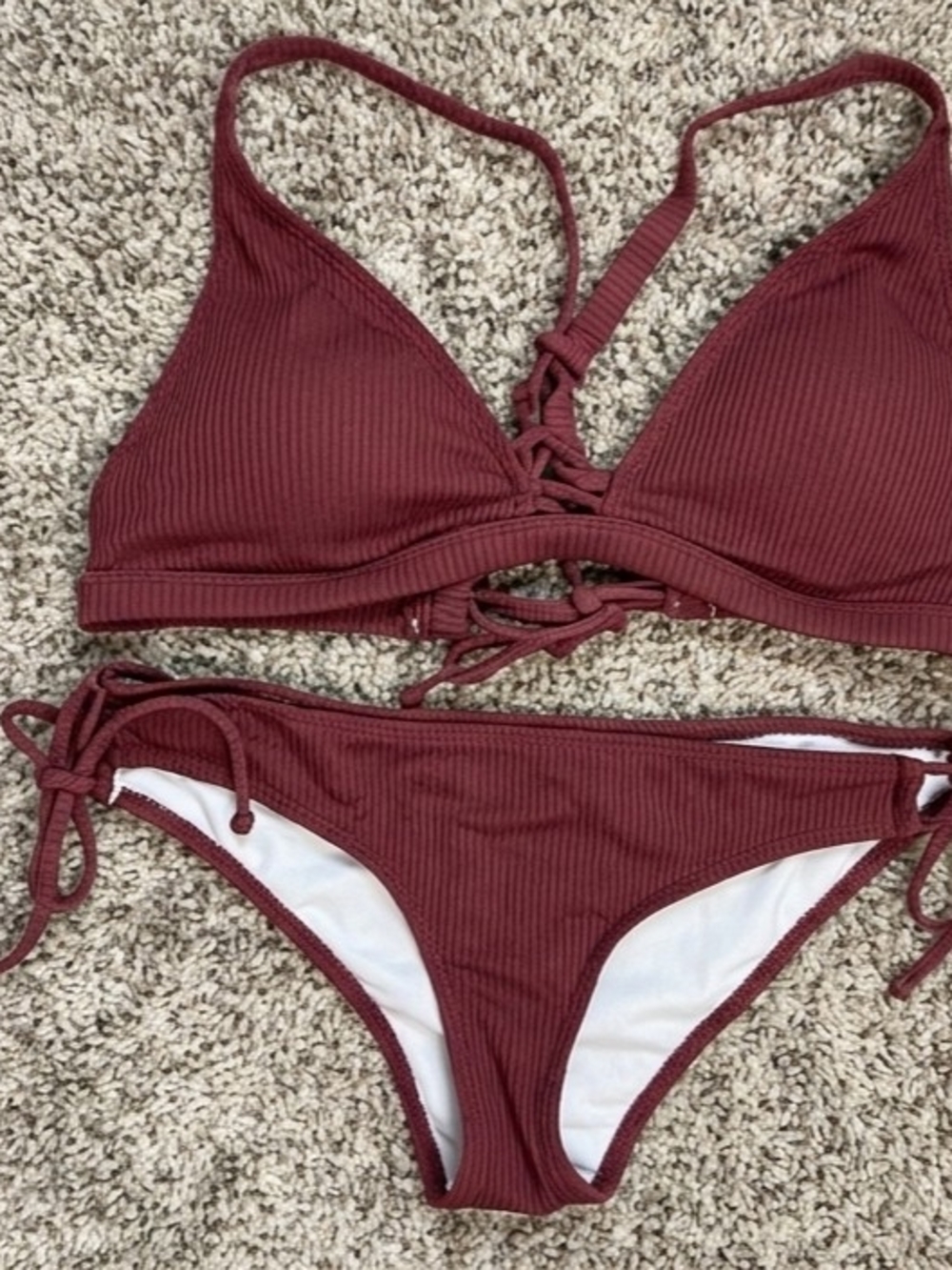 PINK Victoria's Secret Top L Bottom M Ribbed Lace-Up Bikini Set - Burgundy